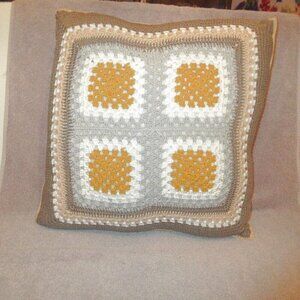 Vtg Crochet Hand Knit Granny Square Pillow Cover 18" Zip Closure Boho Hippie 70s